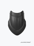 Black motorcycle front fairing with aerodynamic design on light background