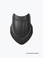 Black motorcycle front fairing with aerodynamic design on light background