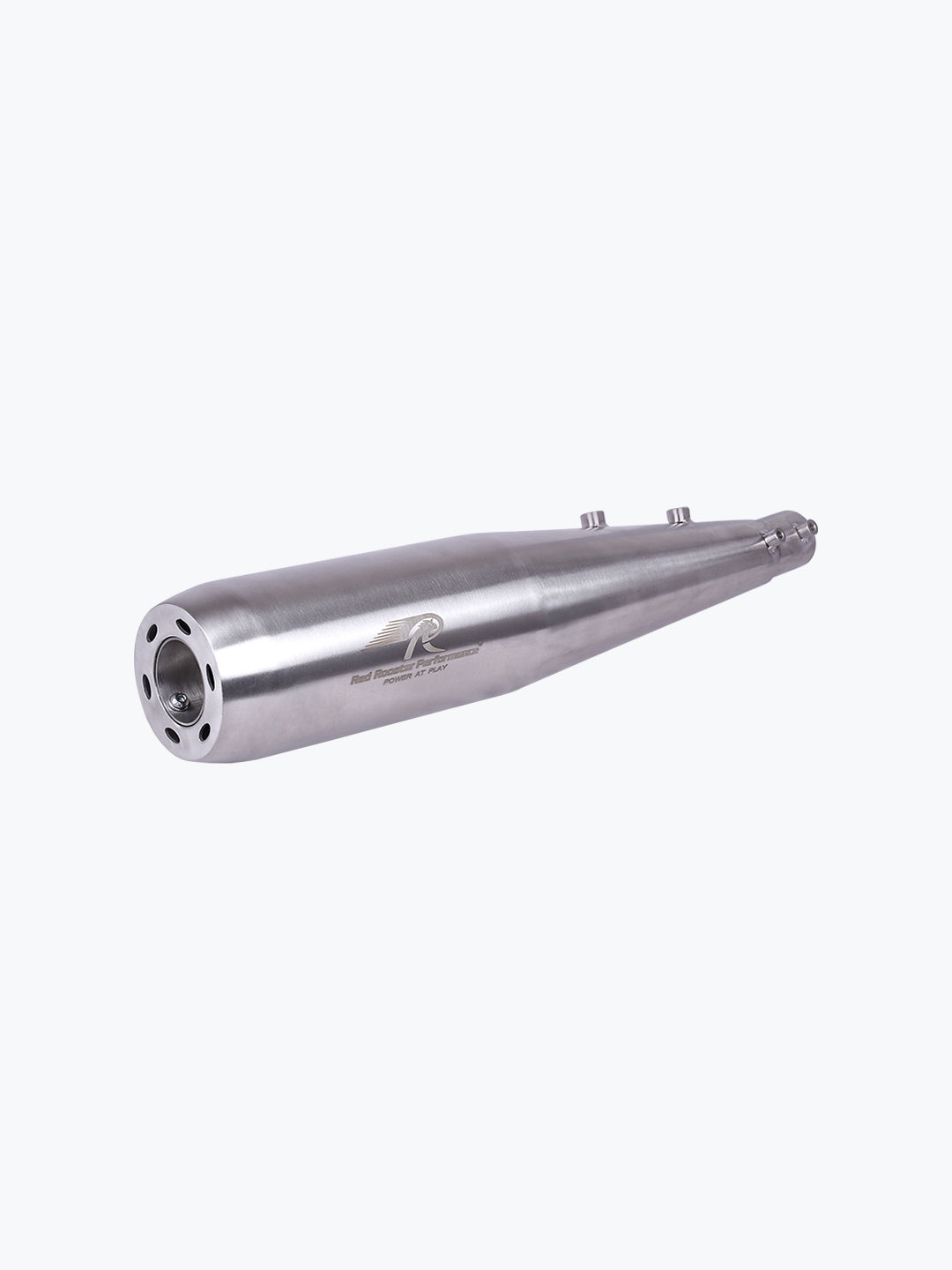 Stainless steel motorcycle exhaust pipe with engraved logo on a white background