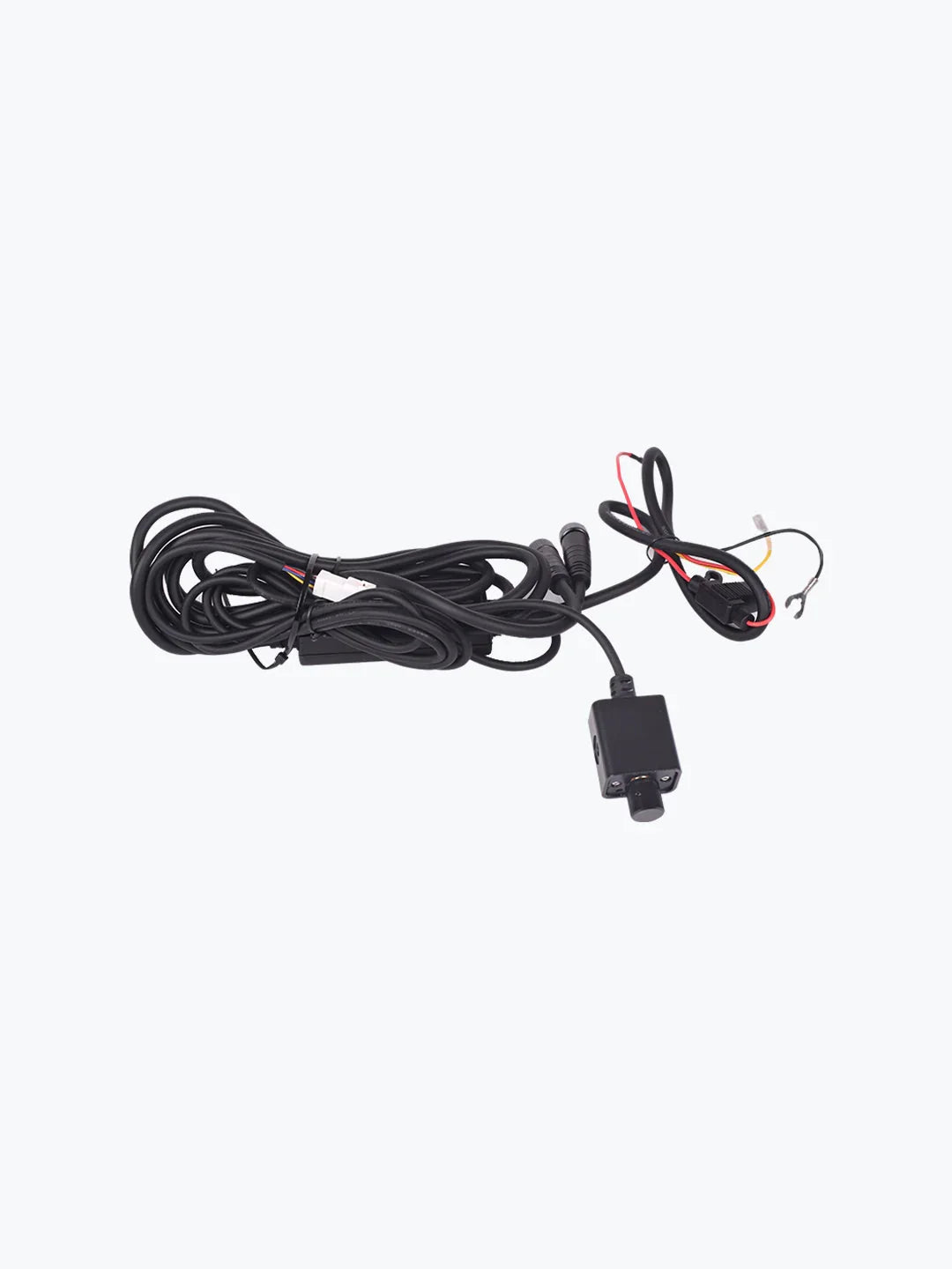 Motorcycle handlebar wiring harness with switch and connectors on white background