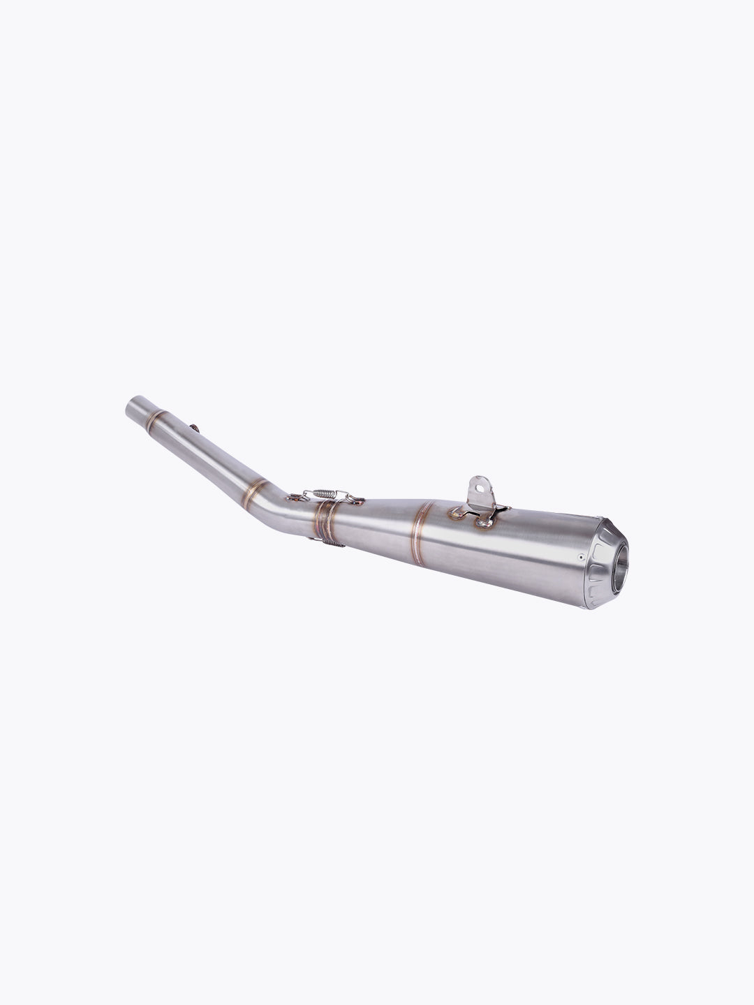 Stainless steel motorcycle exhaust pipe on white background, performance bike accessory