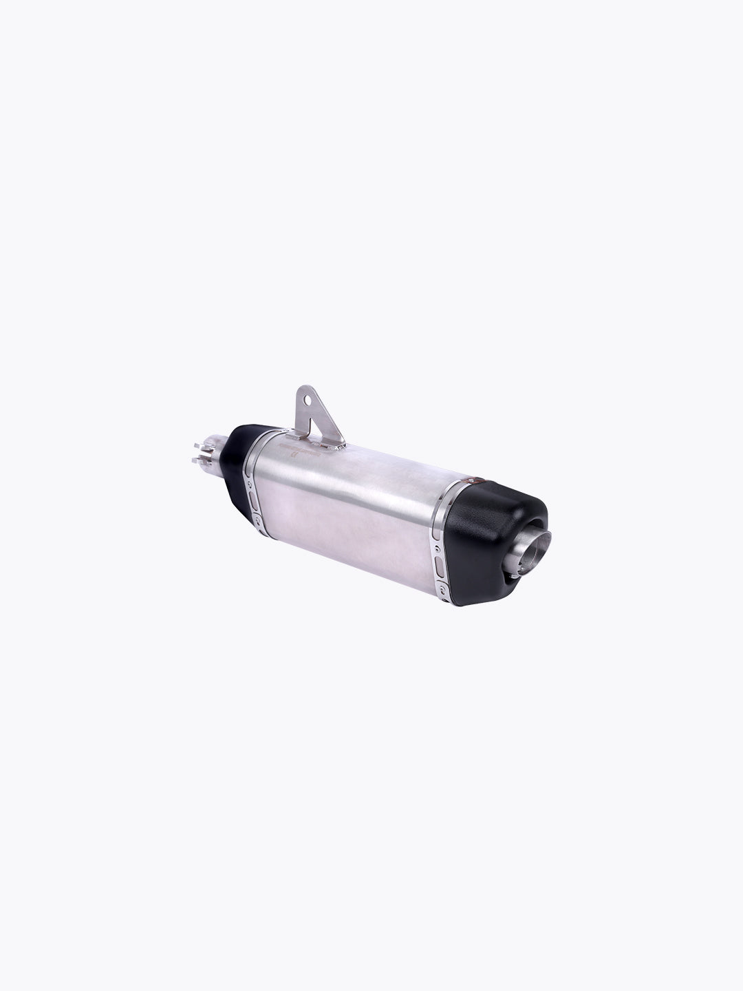 Motorcycle exhaust muffler in stainless steel with black end caps on white background