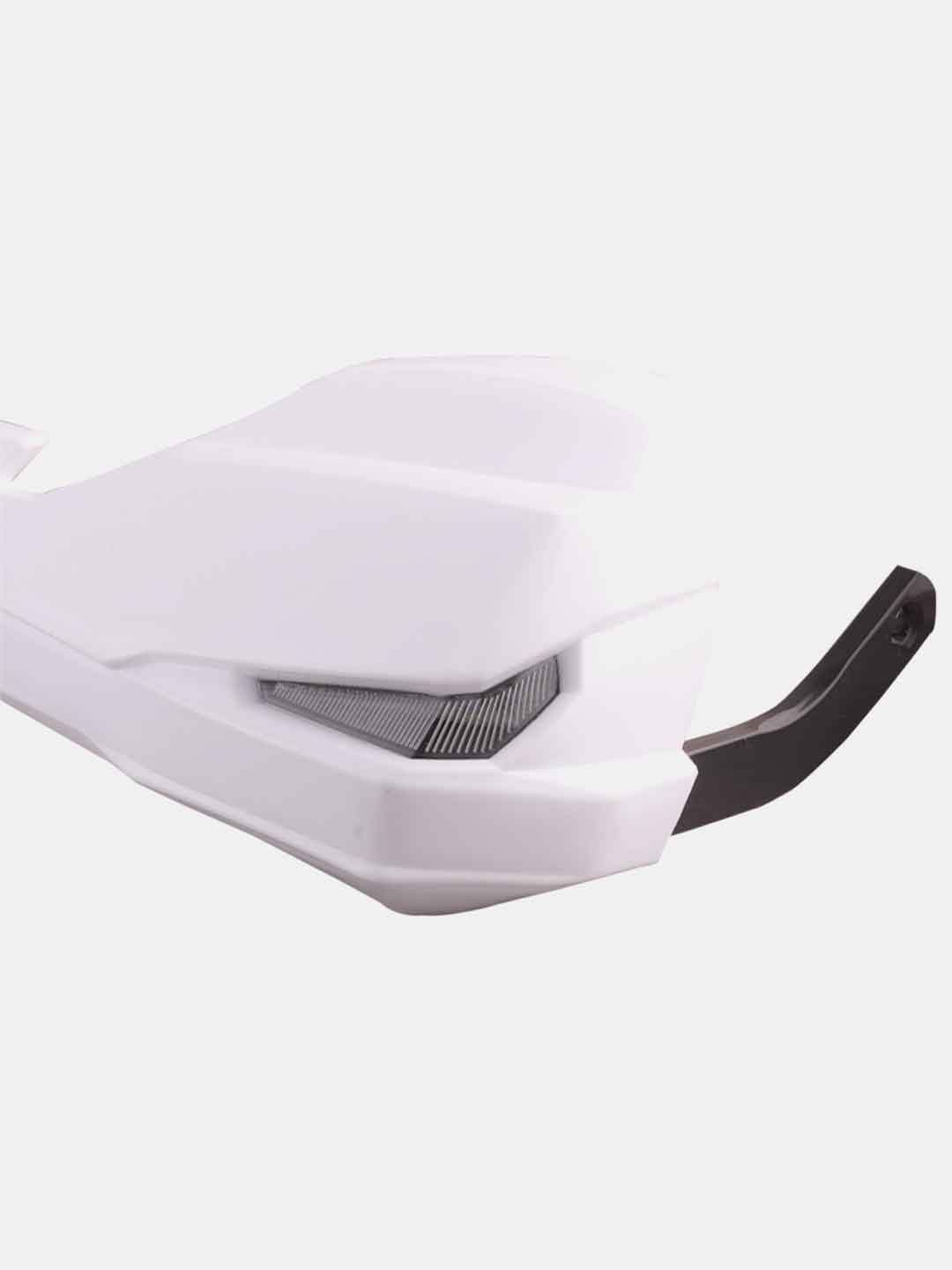 White motorcycle handguard with angular design and vented detail on a white background