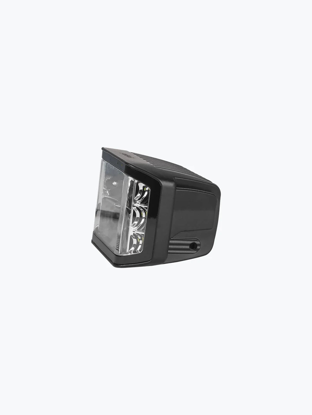 Black motorcycle LED headlight with clear lens, isolated on white background