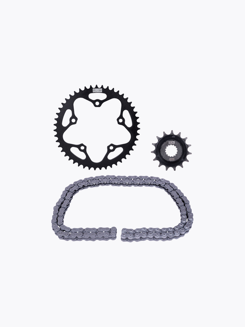 Motorcycle sprocket set with drive chain and gears on white background