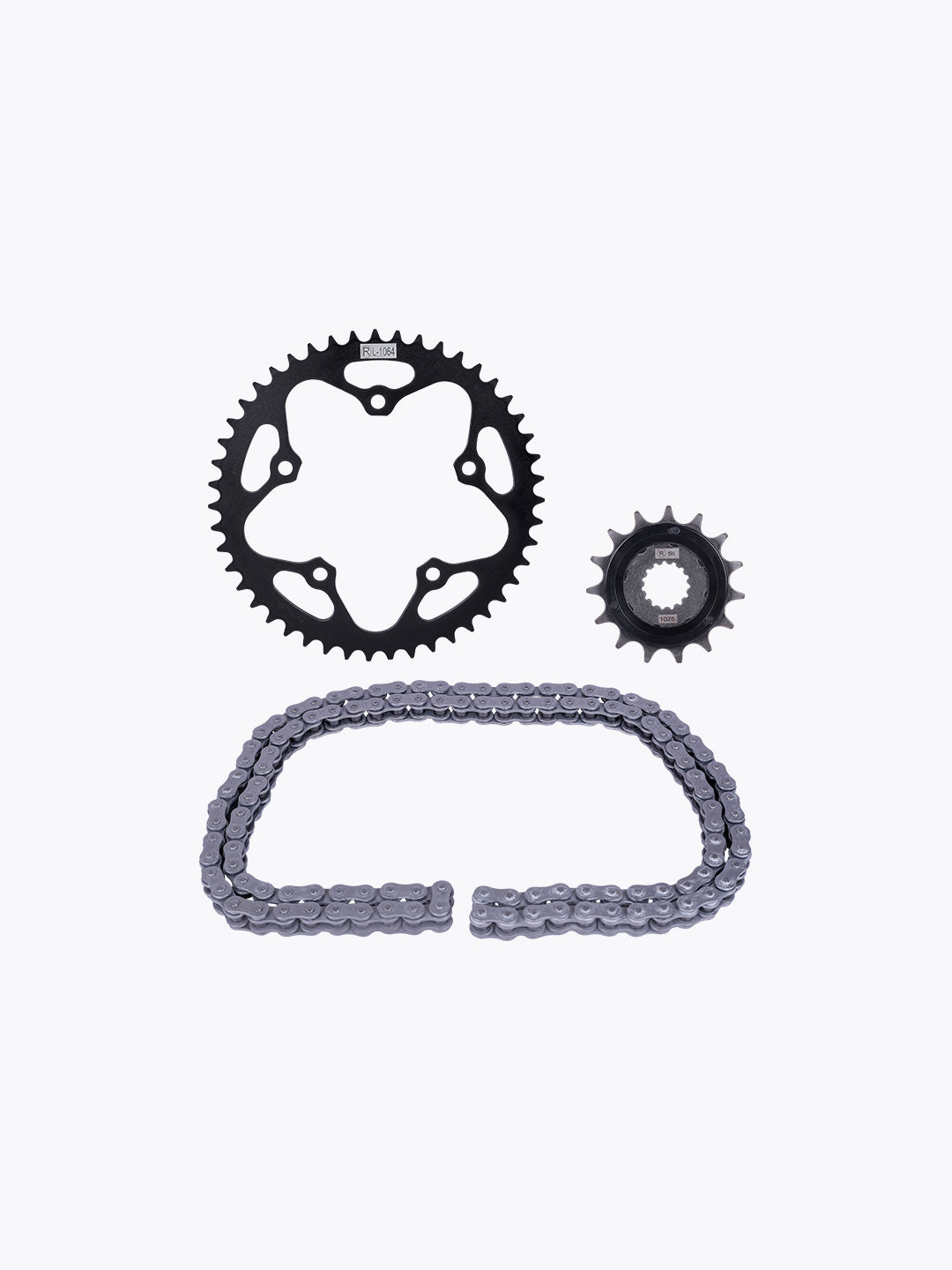 Motorcycle sprocket set with drive chain and gears on white background