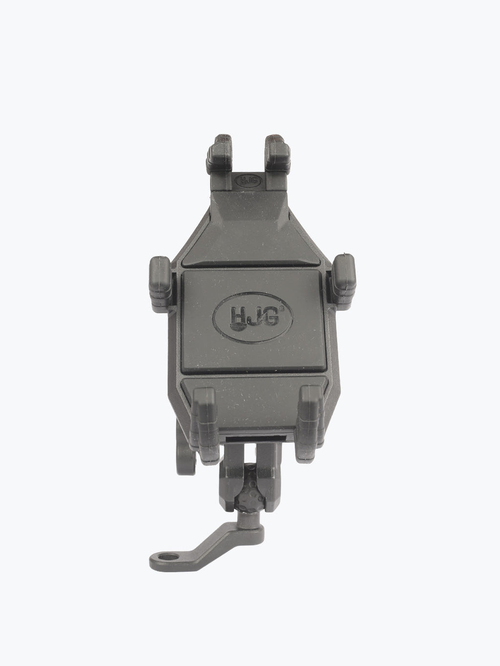 Black motorcycle phone mount holder with adjustable clamps, isolated on white background.