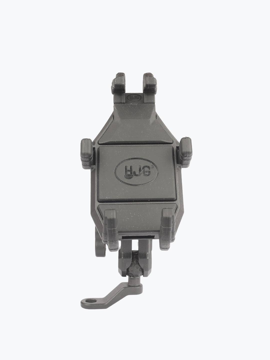 Black motorcycle phone mount holder with adjustable clamps, isolated on white background.