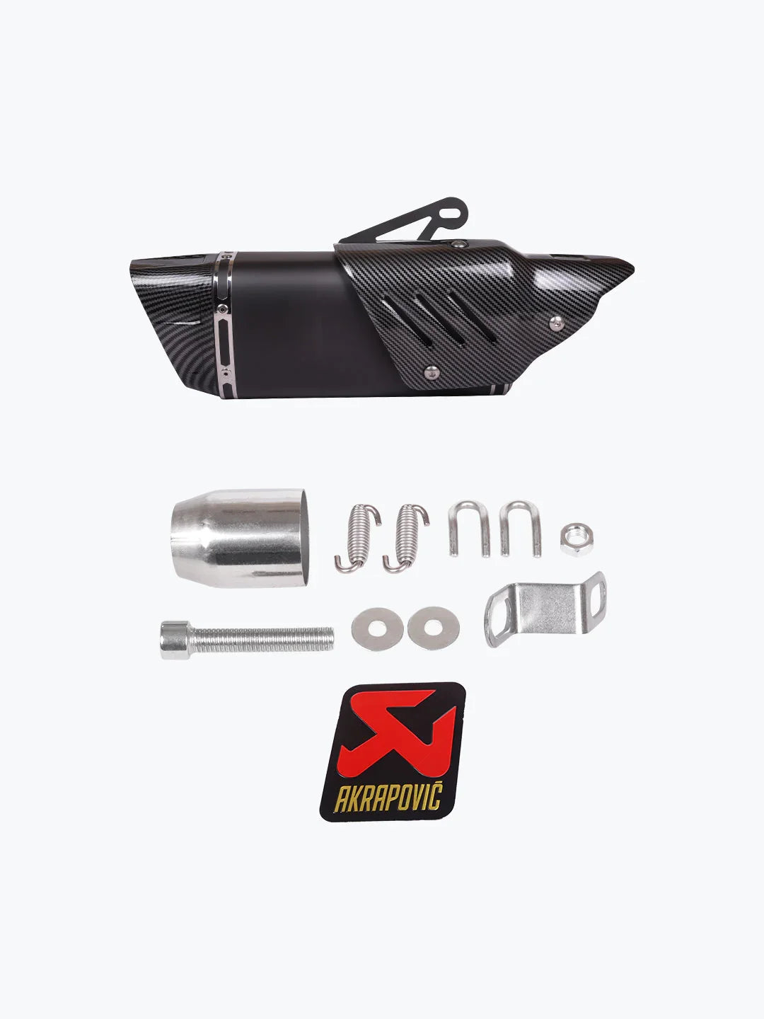 Motorcycle carbon fiber exhaust muffler kit with mounting hardware and Akrapovic sticker
