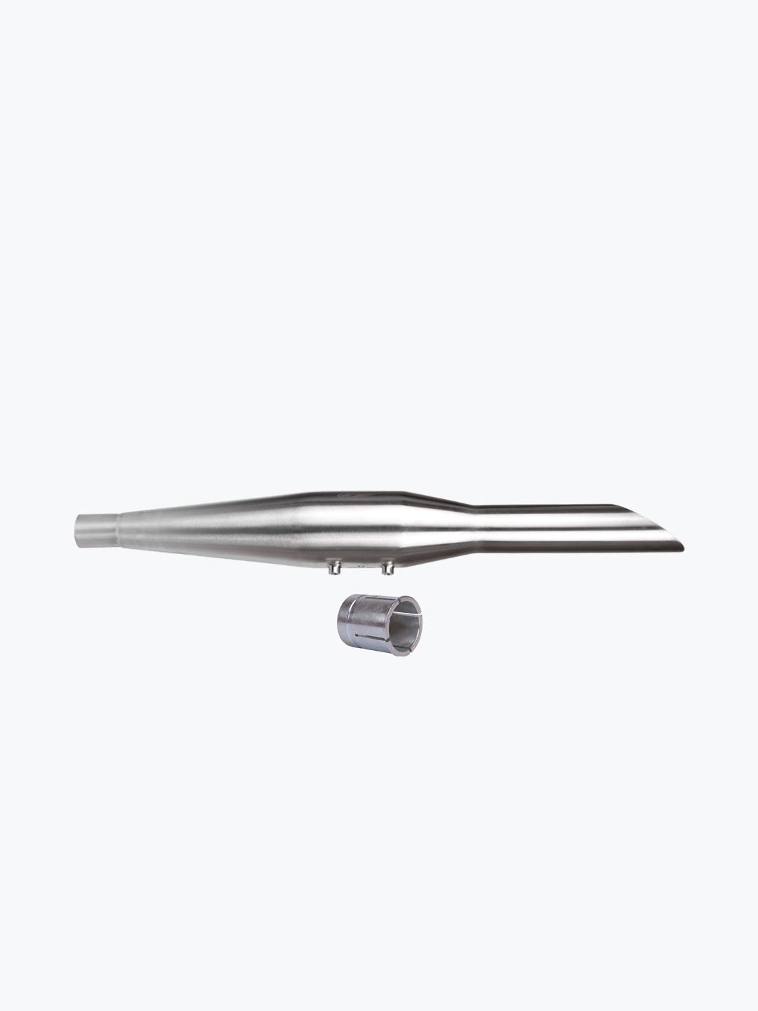Stainless steel motorcycle exhaust pipe with connector on white background