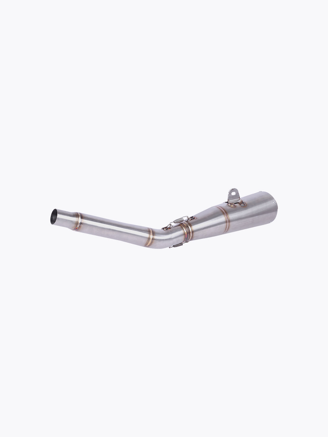 Stainless steel motorcycle exhaust pipe with welded joints on white background