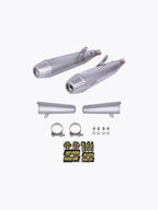 Motorcycle exhaust system kit with two silver mufflers, clamps, bolts, shields, and Norifumi stickers