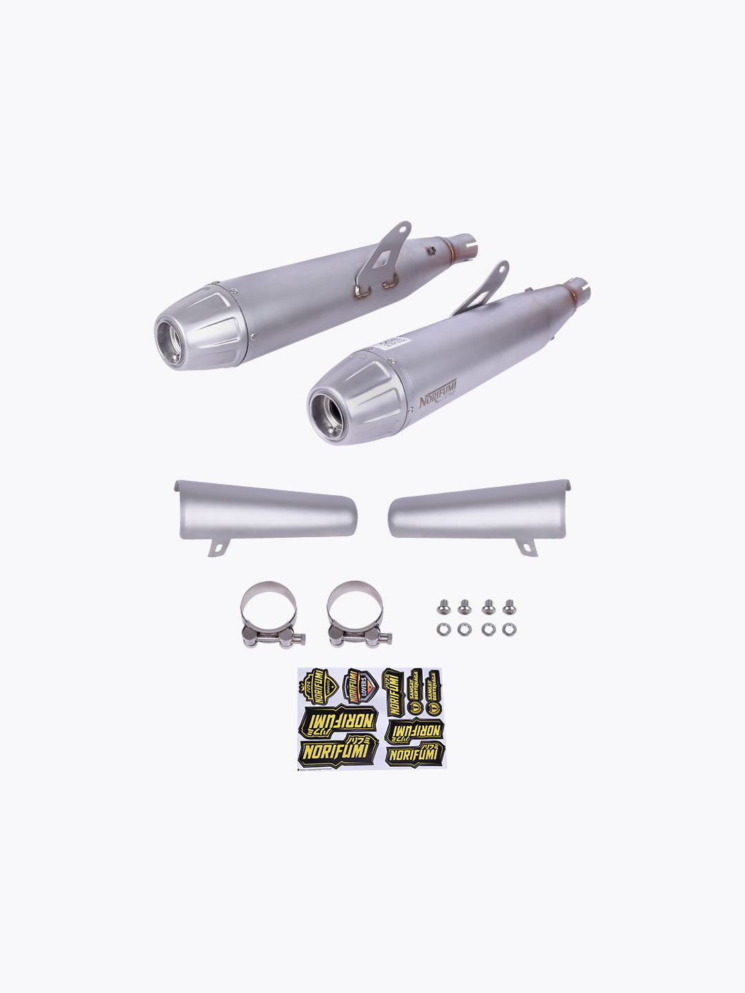 Motorcycle exhaust system kit with two silver mufflers, clamps, bolts, shields, and Norifumi stickers
