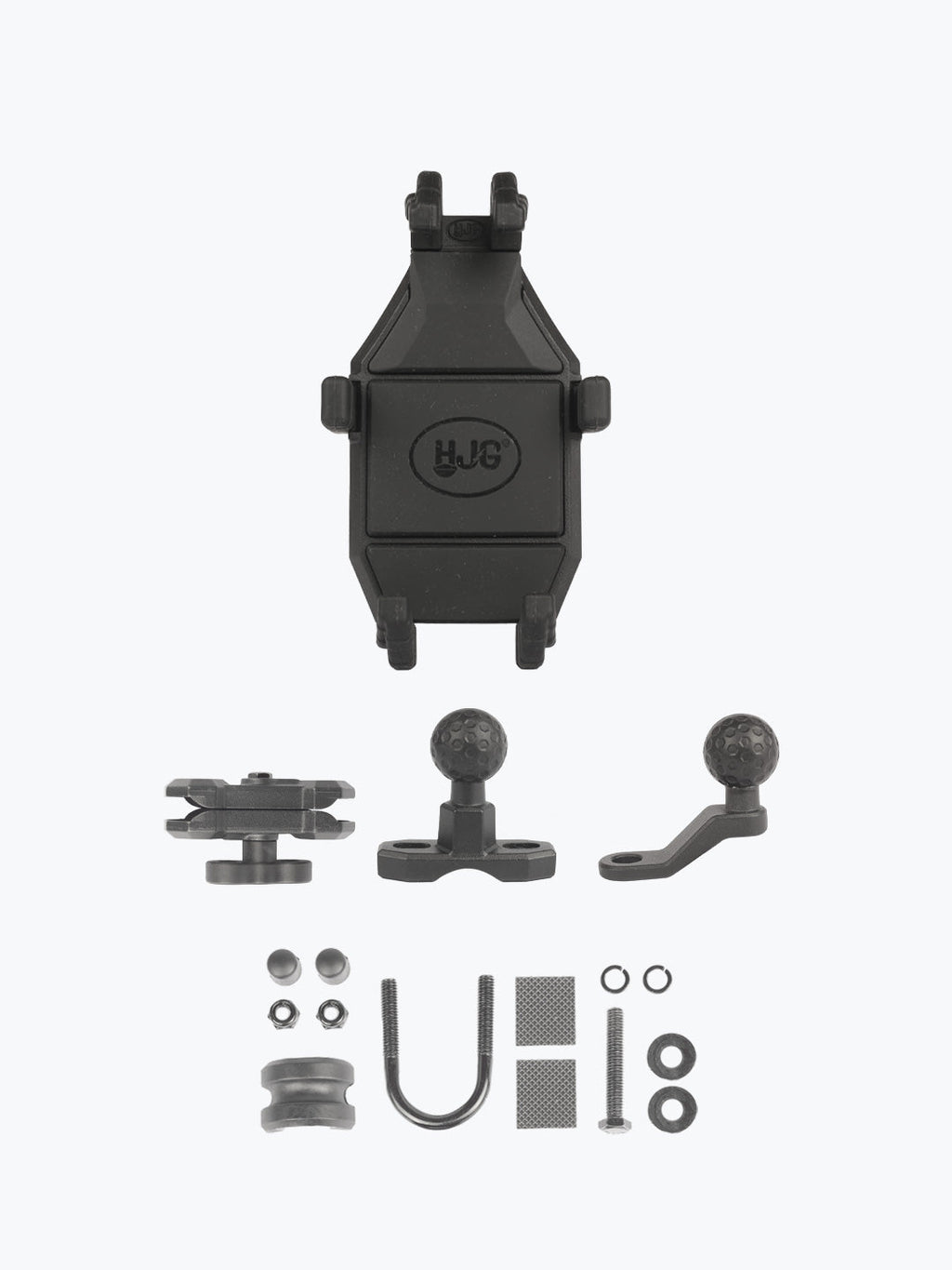 Motorcycle phone mount kit with HJC logo, multiple brackets and mounting hardware