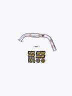 Motorcycle exhaust header pipe with spring and Norifumi logo stickers on white background