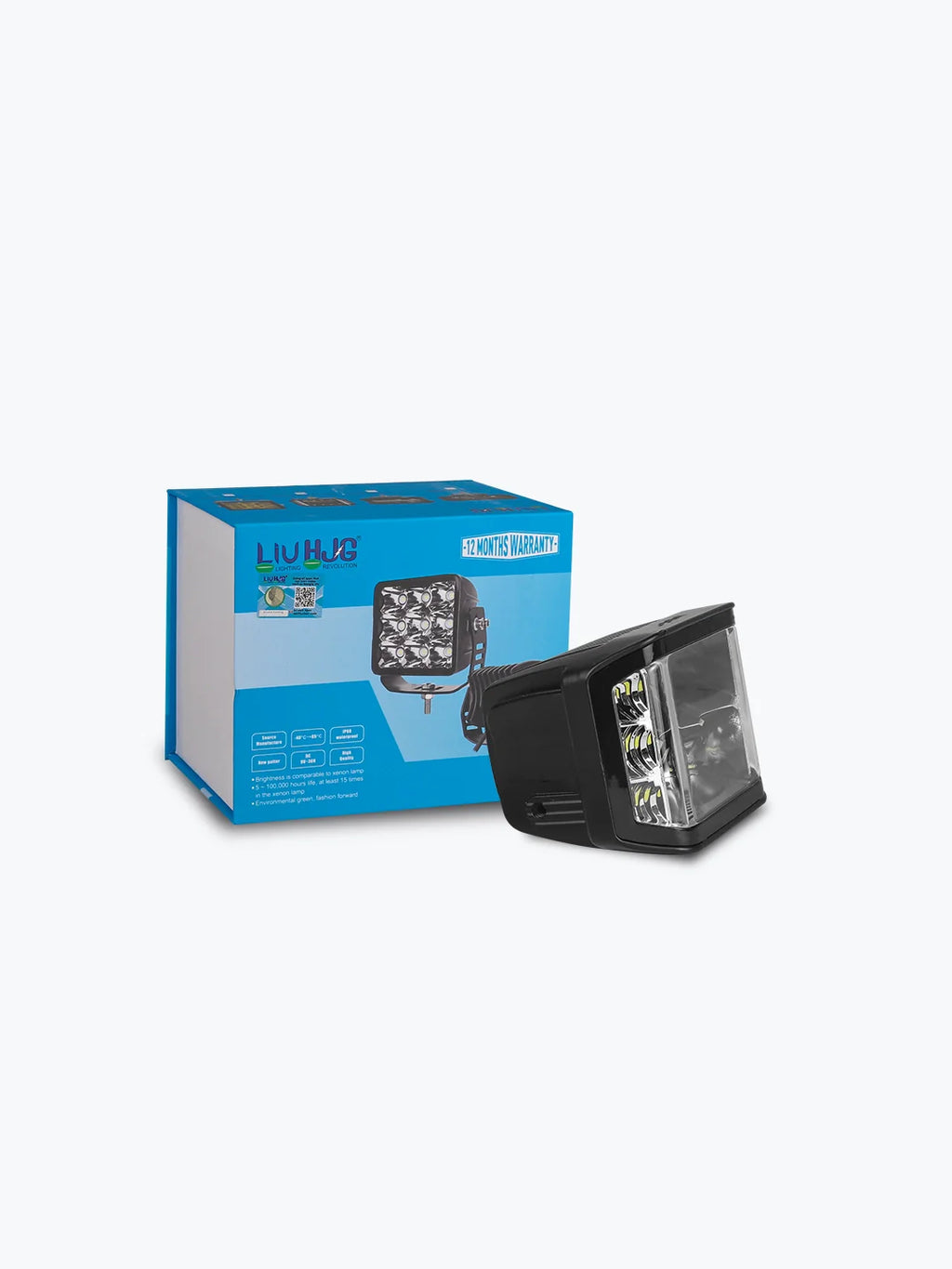 LED motorcycle headlight with black housing next to blue retail box on white background