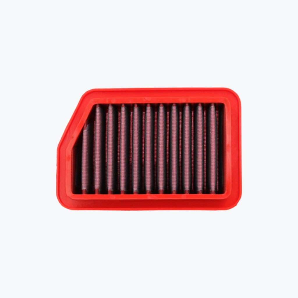 Rectangular motorcycle air filter with red frame and black pleated mesh