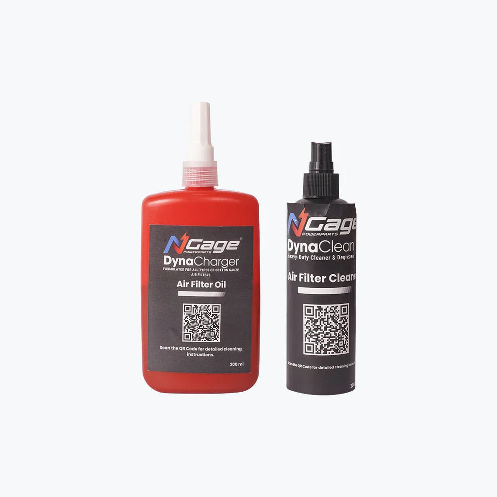 Two bottles of air filter cleaner and oil for motorcycles with QR code labels on a white background.