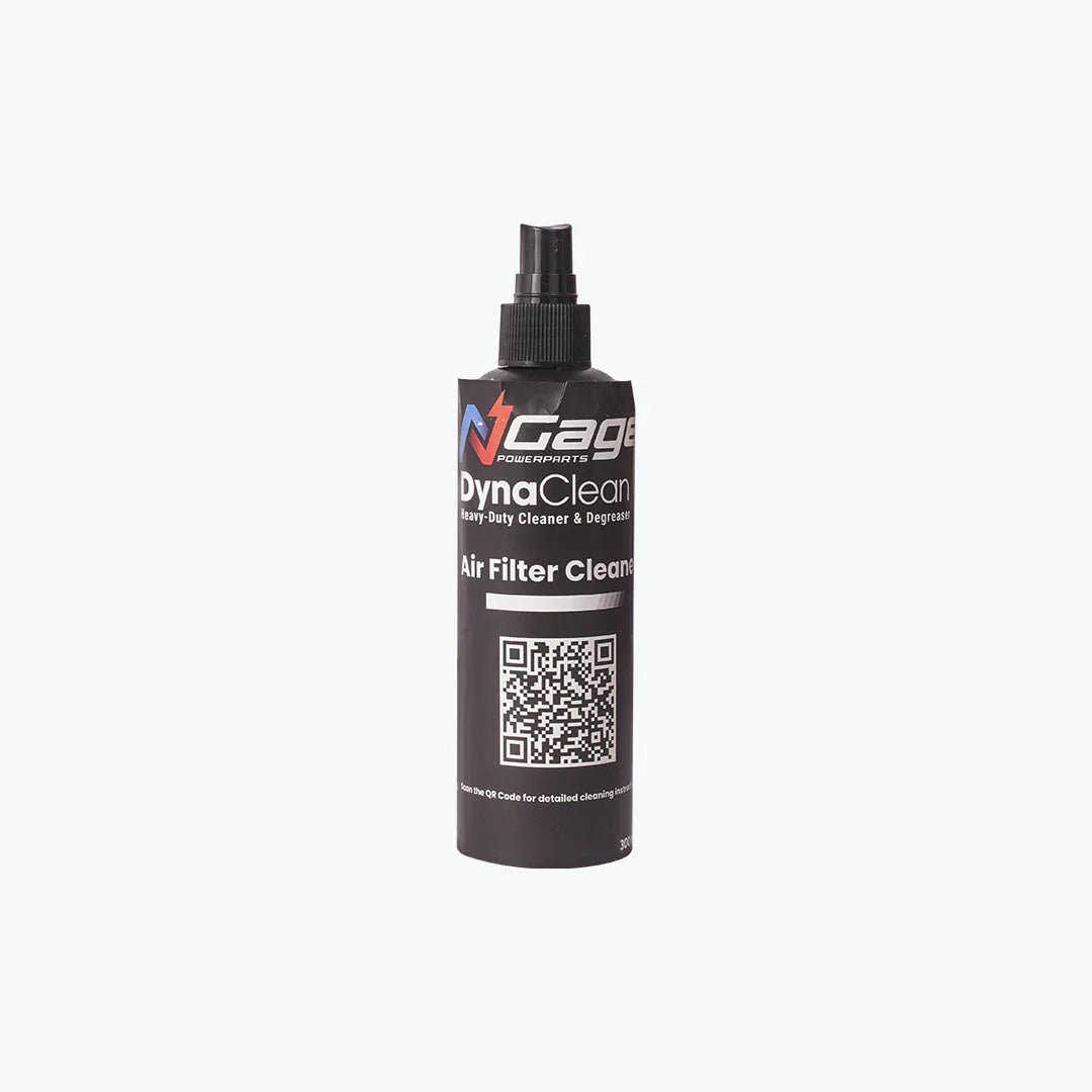 Spray bottle of heavy duty air filter cleaner and degreaser with black label on white background