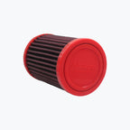 Red and black cylindrical motorcycle air filter with pleated mesh design