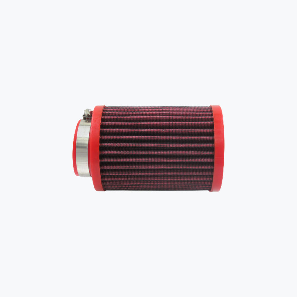 Red and black motorcycle air filter with metal clamp, isolated on white background