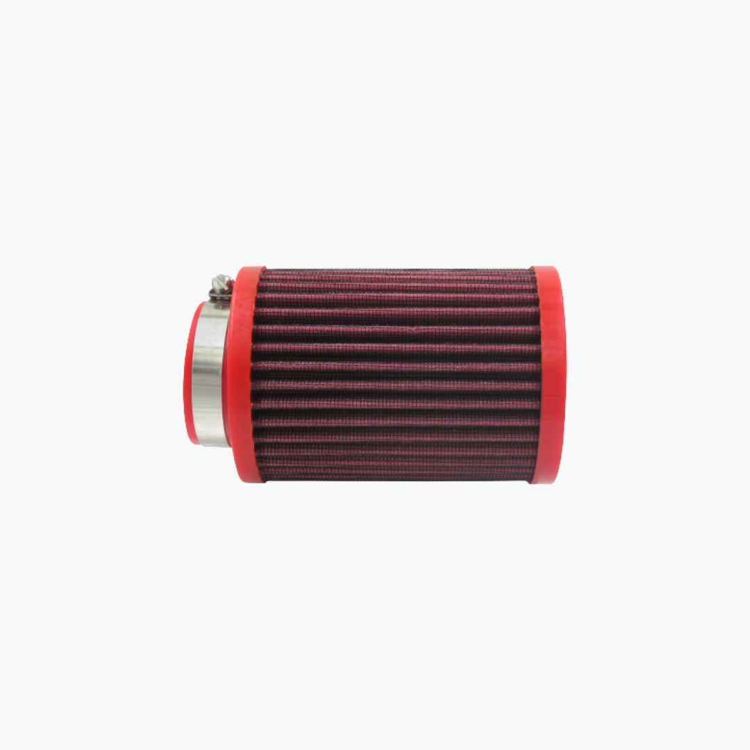 Red and black motorcycle air filter with metal clamp, isolated on white background