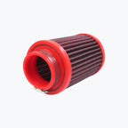 Red cylindrical motorcycle air filter with pleated mesh and clamp, isolated on white background
