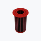 Red cylindrical motorcycle oil filter with pleated design on white background