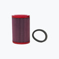 Red cylindrical motorcycle air filter with black gasket on white background