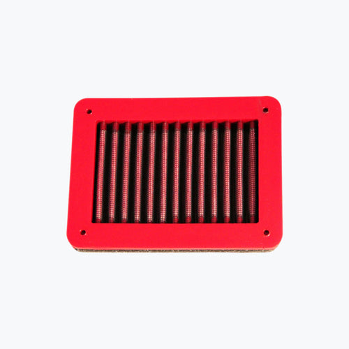 Rectangular red motorcycle air filter with mesh grille on white background