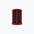 Red motorcycle air filter with pleated design on a white background