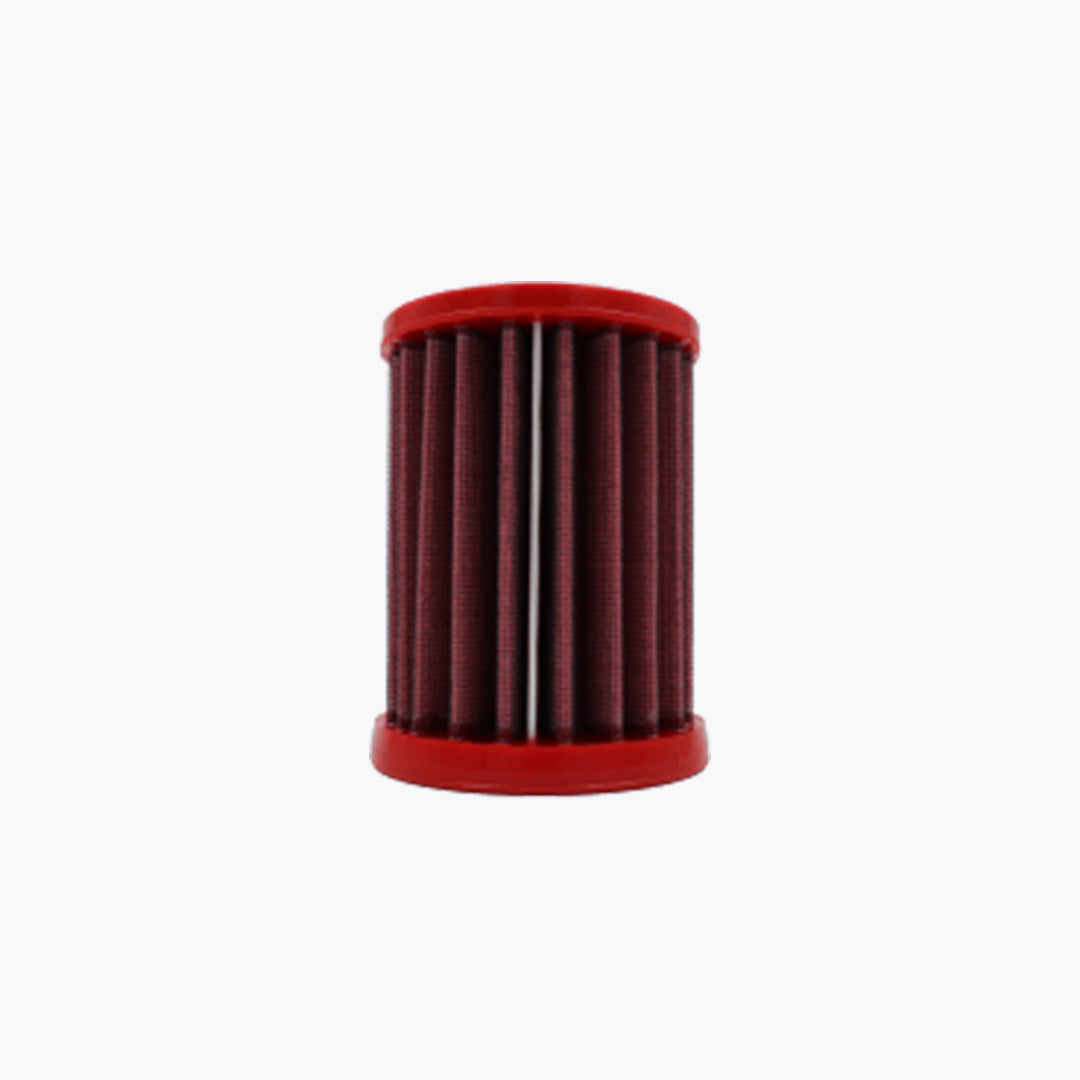 Red motorcycle air filter with pleated design on a white background