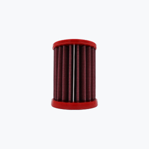 Red motorcycle air filter with pleated design on a white background