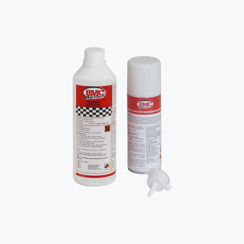 BMC air filter cleaning kit with cleaner and oil bottles on white background