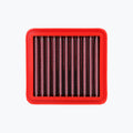 Red rectangular high-performance motorcycle air filter with pleated mesh center