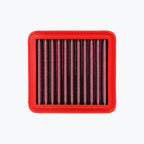 Red rectangular high-performance motorcycle air filter with pleated mesh center
