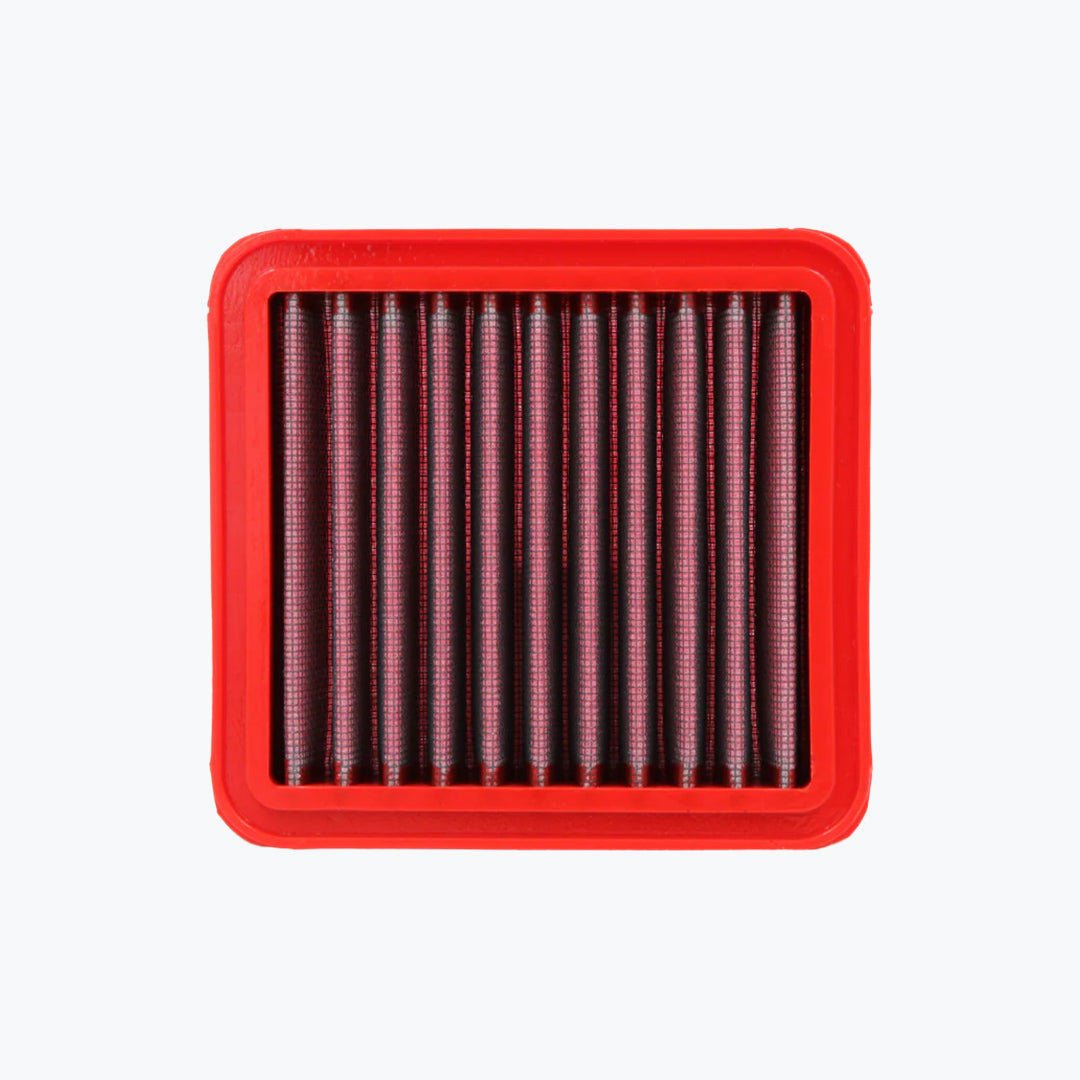 Red rectangular high-performance motorcycle air filter with pleated mesh center
