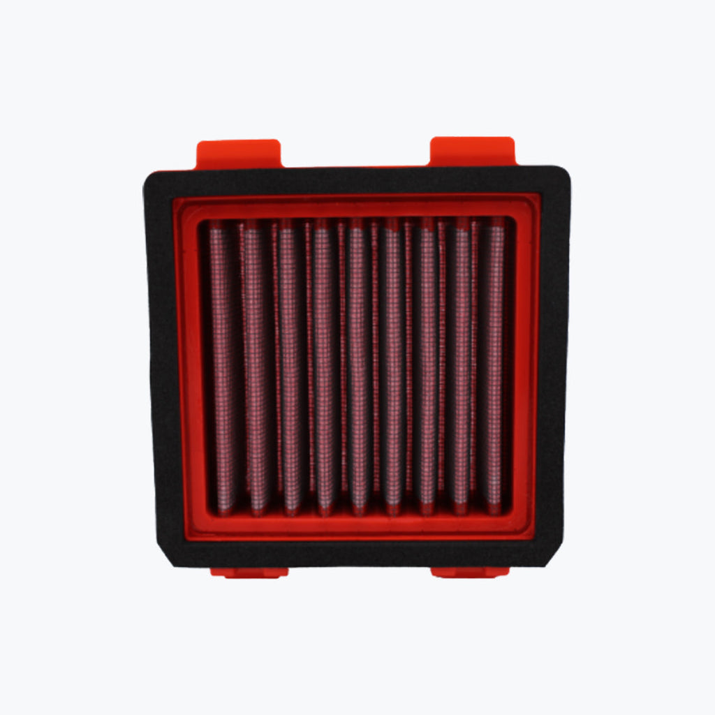 Rectangular motorcycle air filter with red frame and pleated mesh element