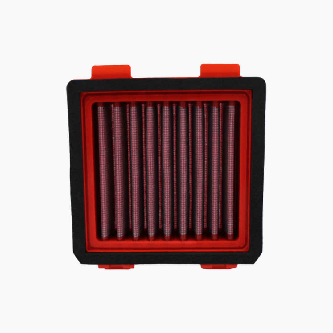 Rectangular motorcycle air filter with red frame and pleated mesh element