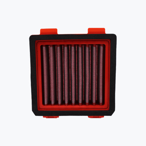 Rectangular motorcycle air filter with red frame and pleated mesh element