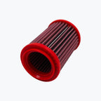 Motorcycle air filter with red rubber ends and pleated mesh design on white background
