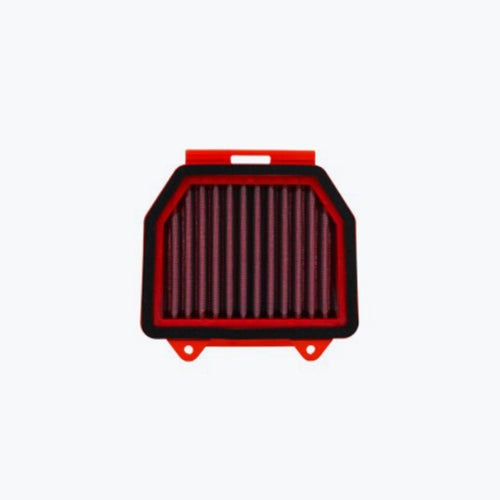 Red rectangular motorcycle air filter with pleated design on white background