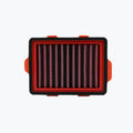 Rectangular motorcycle air filter with red and black frame on white background