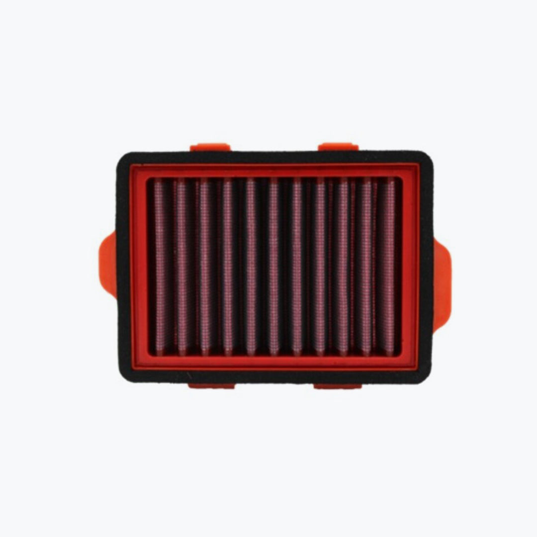 Rectangular motorcycle air filter with red and black frame on white background