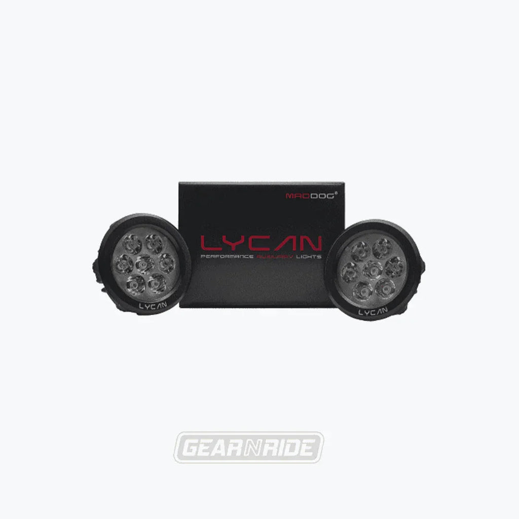 Pair of black auxiliary LED lights with Lycan branding for motorcycles