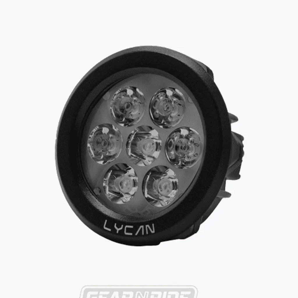 Round LED auxiliary motorcycle light with six bulbs, black housing, LYCAN branding