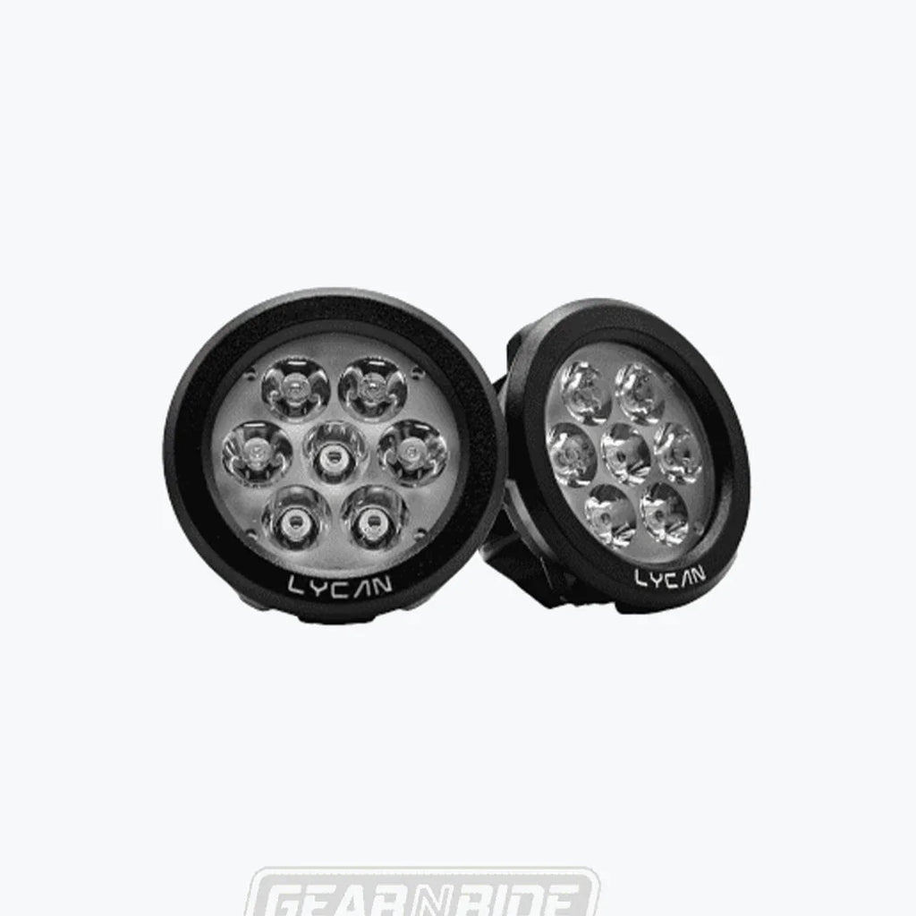 Pair of round auxiliary LED motorcycle lights with six bulbs, black housing, 'LYCAN' label.