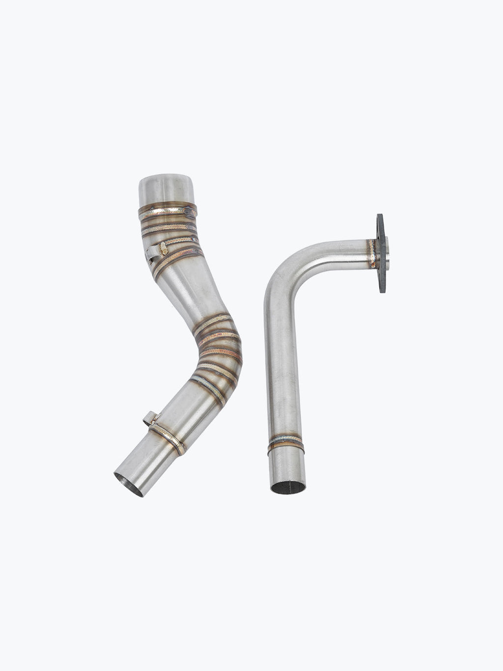 Stainless steel motorcycle bend pipes, two-piece exhaust tubing set on white background
