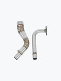 Stainless steel motorcycle bend pipes, two-piece exhaust tubing set on white background