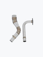 Stainless steel motorcycle bend pipes, two-piece exhaust tubing set on white background